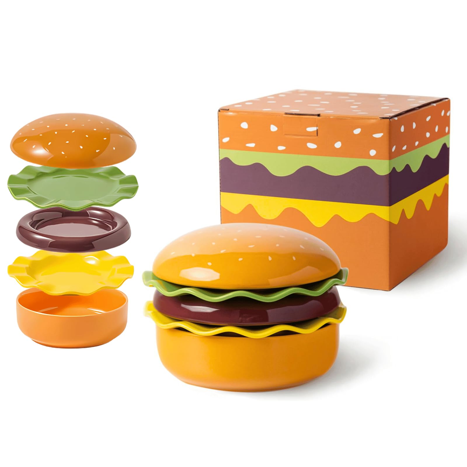 Keramik-Hamburger-Teller und -Schüssel-Sets, 5-teiliges stapelbares Burger-Geschirr-Set, lustiges und niedliches Weihnachtsgeschenk für Kinder und Erwachsene
