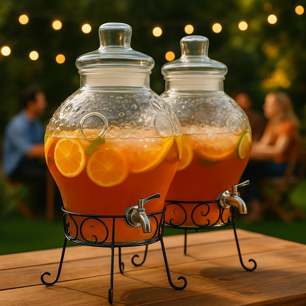 Monster24 10 Liter Getränkespender mit tropfsicherem Zapfhahn aus Edelstahl – Wasserspender, Bowle-Gefäß aus Glas mit stabilem Metallständer und Glasdeckel – BPA-freier Limonadenspender