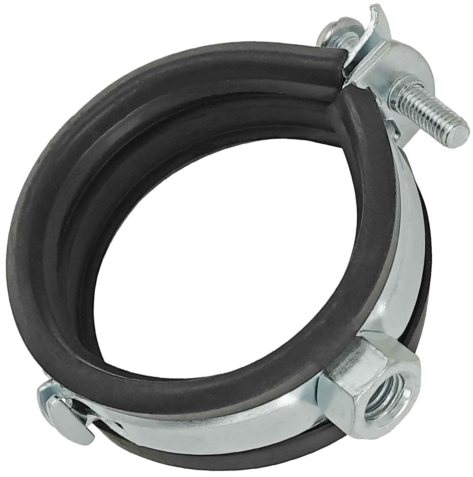 MegaHaustechnik 50 Stück Gelenk-Rohrschellen aus Stahl verzinkt, Spannbereich 54 bis 58mm Rohr-Außendurchmesser, mit Schallschutz aus EPDM Gummi, mit M8 Gewinde-Mutter, Schraubrohrschelle