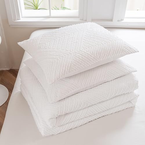 Miniatura 5 de Juego de edredón tamaño matrimonial con diseño copetudo blanco, juego de edredón bohemio de 3 piezas, ligero y esponjoso para todas las estaciones