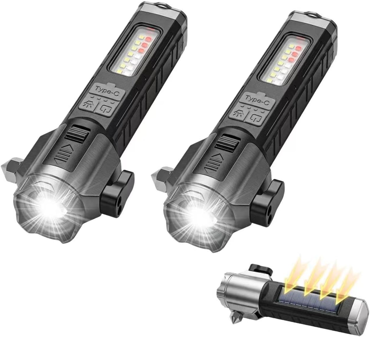 Solar Flashlights for Car Emergency Flashlight, Multi-Functional Escape Tool with Window Breaker Seatbelt Cutter Alarm Buzzer, Zoomable Spotlight for Roadside Assistance, Camping, Survival Black-2P