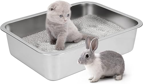 IKITCHEN Caja de arena para gatos de acero inoxidable, caja de arena grande de metal de alta cara para gatos conejos, nunca absorbe olores,