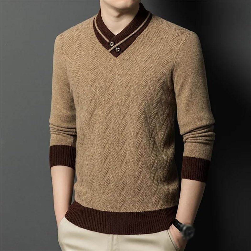 Men's Autumn Winter 100% Wool Knitted Sweaters Long Sleeved V-Neck Buttoned Warm Fashion Pullover