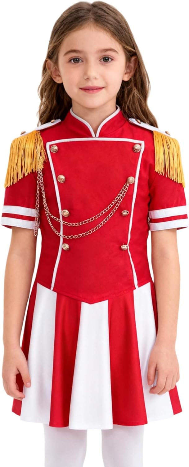 Moily Kids Girls Drummer Uniform Tassel Short Sleeve Jacket Top with Pleated Skirts School Show Suits