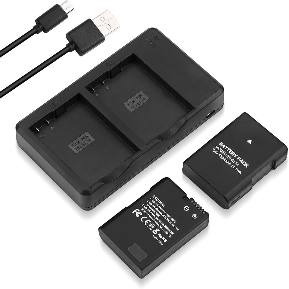 EN-EL14 EN EL14A Battery USB Charger and 2-Pack Rechargeable Batteries Replacement Compatible with Nikon D3100 D3200 D3300 D3400 D3500 D5100 D5200 D5300 D5500 D5600 DF Coolpix P7000 P7100 P7700 P7800