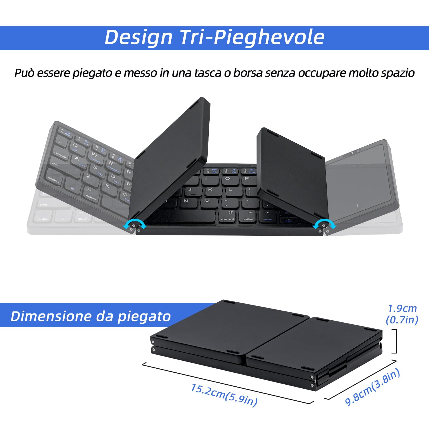 Mcbazel Tastiera senza fili pieghevole con touchpad per tablet/cellulare/PC, tastiera portatile senza fili ricaricabile supporta più dispositivi/iOS/Android/MacOS/Windows, Layout US – nero