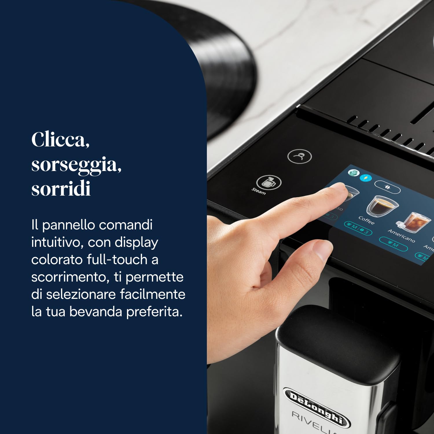 De’Longhi Rivelia – Perfetto Macchina da Caffè Automatica, Montalatte Classico, 8 Bevande in un Solo Tocco, Display Touch a Colori, Contenitori Chicchi di Caffè Intercambiabili, Nero (EXAM440.35.B)