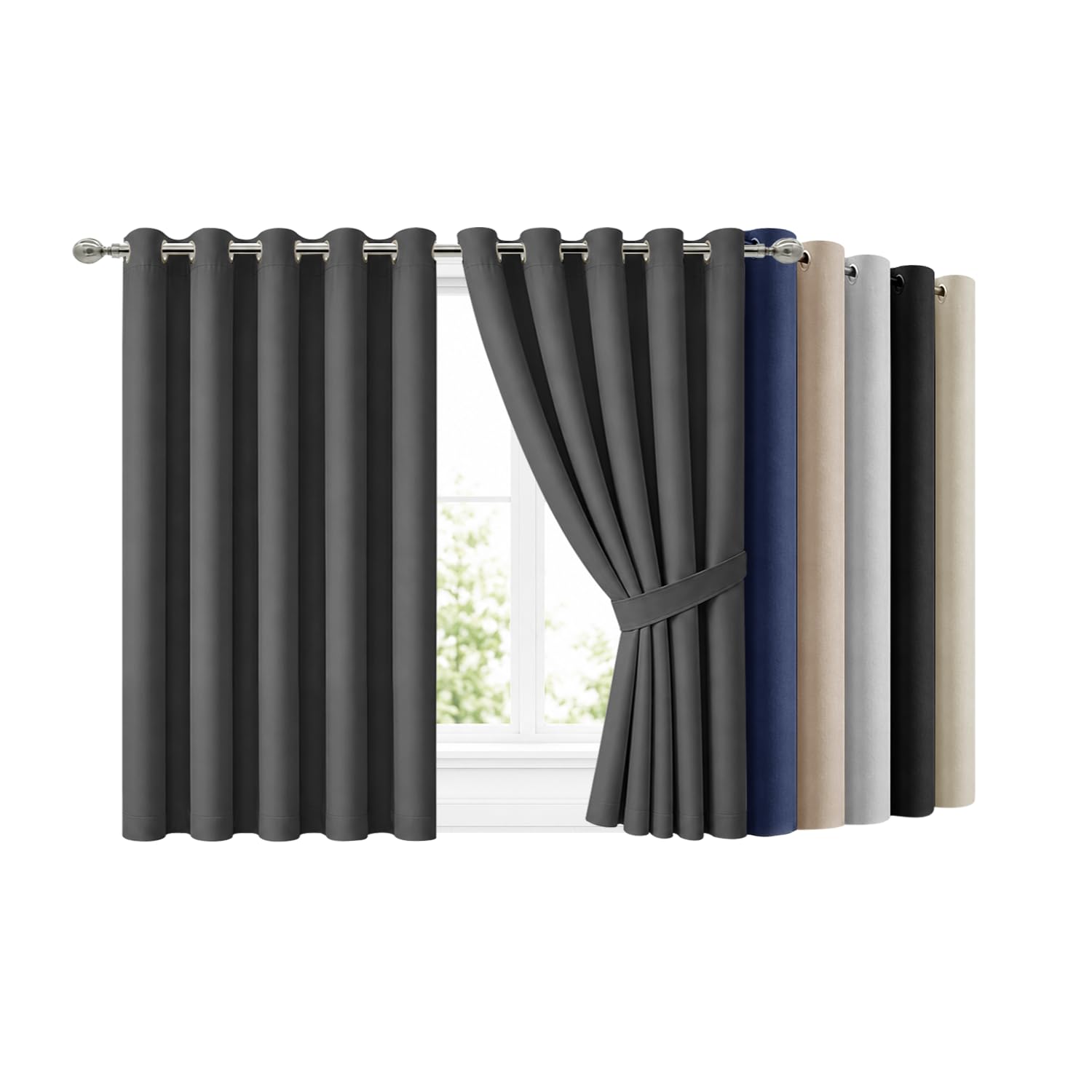 Hafaa Blackout Eyelet Curtains for Bedroom 66 X 54 Inch Grey Curtains for Living Room Noise Reducing Black out Curtain & Drapes 2 Panels with Tiebacks