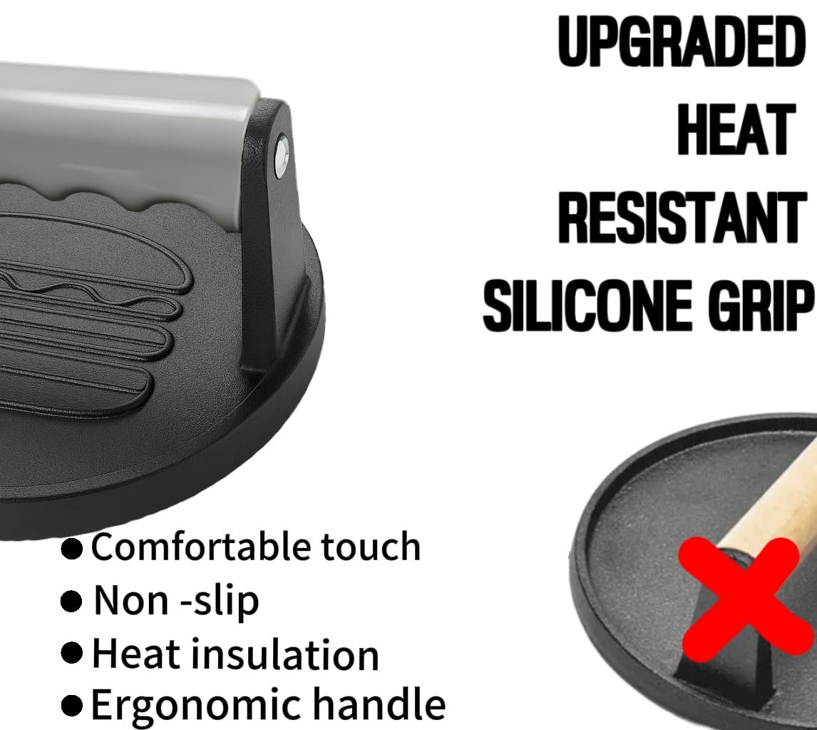 TWOLEMON Smash Burger Press 6.7-Inch Round Cast Iron Grill Press with Ergonomic Silicone Handle – Heavy-Duty Bacon with Unique Burger Design for Even Grilling