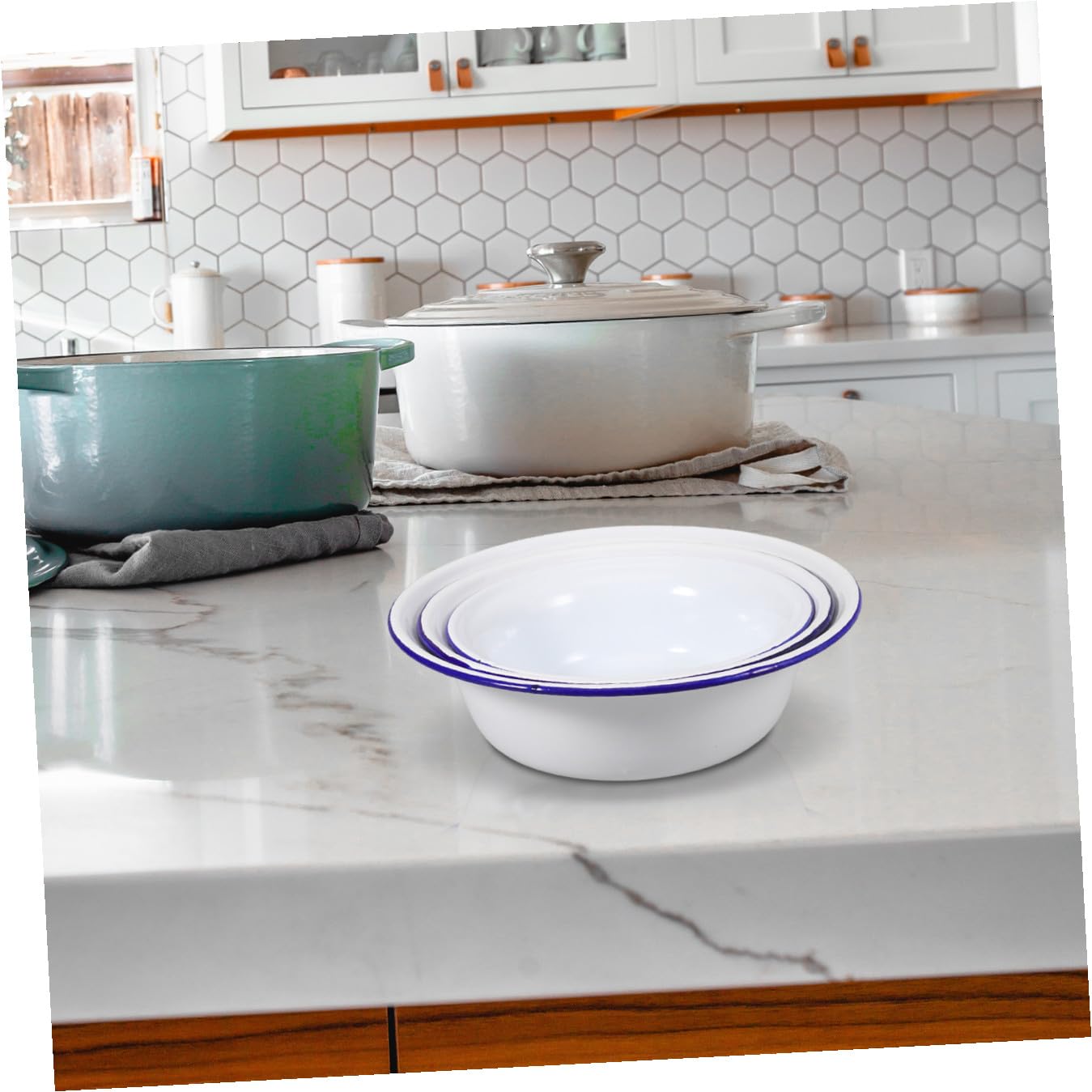 Set de 3 Cuencos Esmaltados Vintage para Cocina y Baño, Recipientes Multiusos para Sopa, Masa y Frutas, Bordes Prácticos y Acabado Duradero