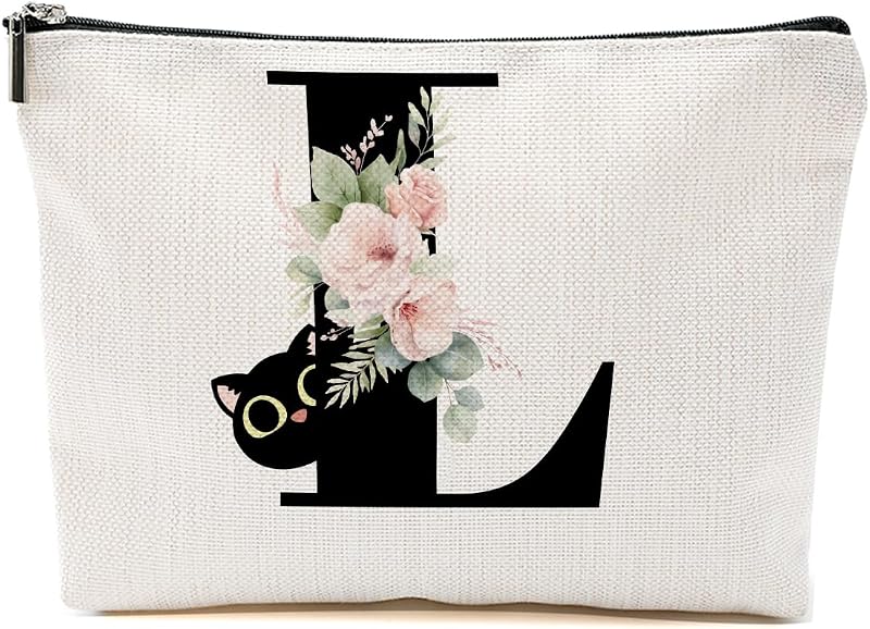 Necessaire de maquiagem com inicial L, estampa floral e gato CFGBFDGH