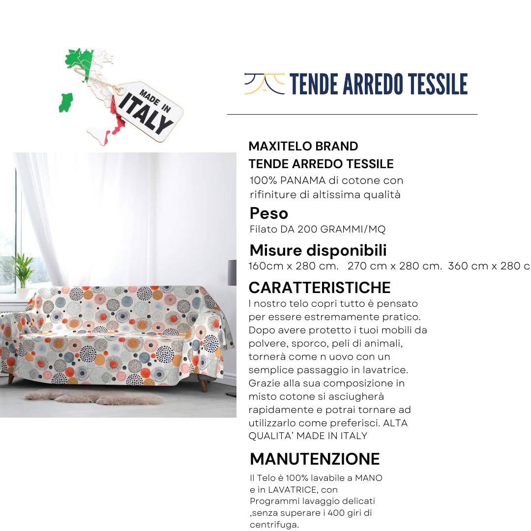Tende Arredo Tessile - Granfoulard Sofa Cover (360 x 275 cm) High Quality Fabric, Various Patterns and Colours, 80% Cotton, Made in Italy - 2