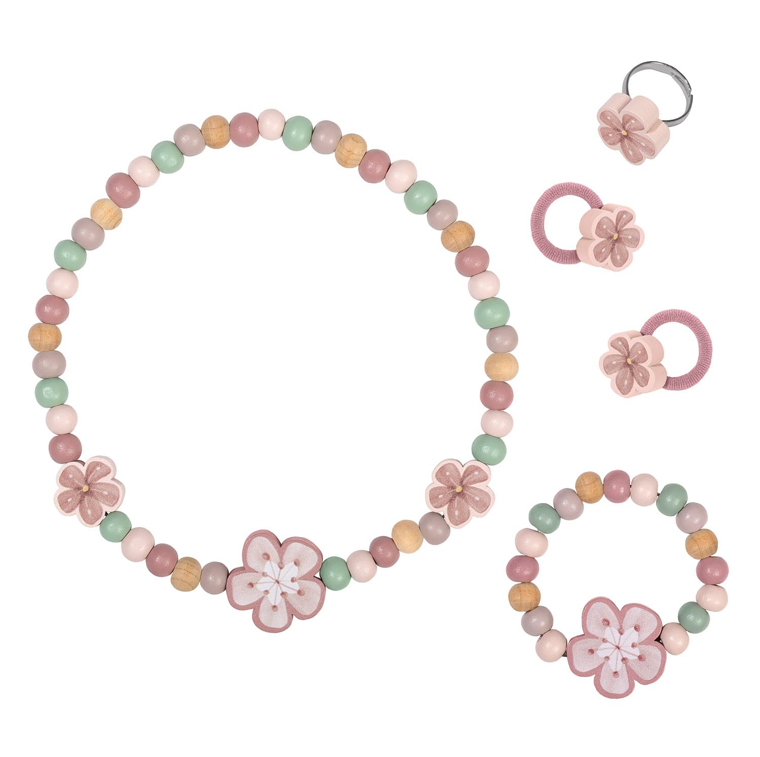 Little Dutch Schmuckset Kinderschmuck Holz 5-teilig Kette Armband Haargummis und Ring Blume - Fairy Garden