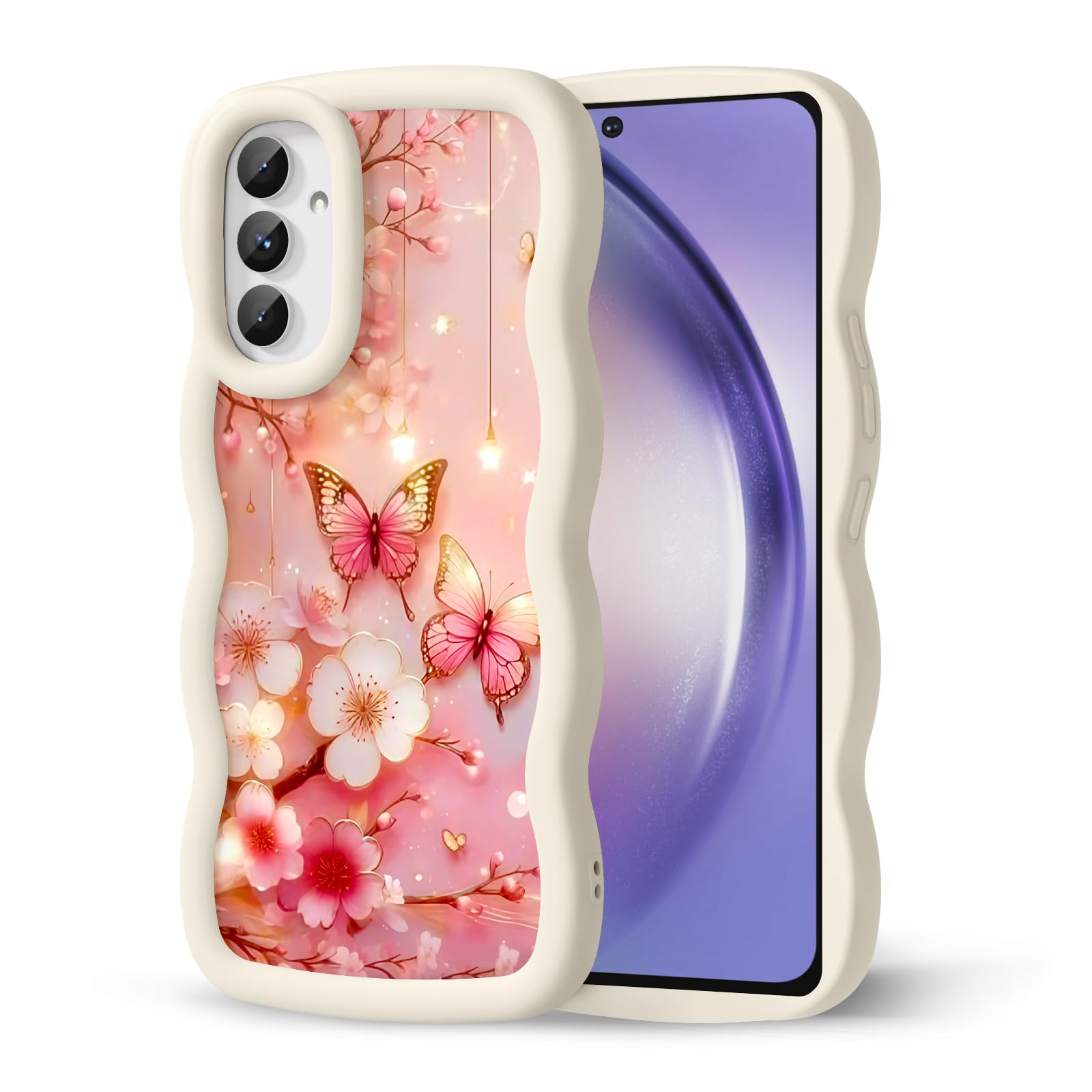 Compatible with Galaxy A54 5G Phone Case for Women Girls, Curly Wavy Frame with Cute Pattern, Aesthetic Slim Soft Silicone TPU Bumper Shockproof Phone Case for Samsung A54 - Cherry Butterfly