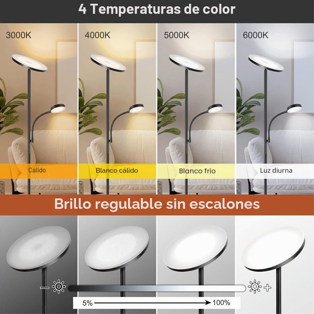 wonderlamp Lámpara de pie LED Niela CCT Dim (30+6W). Luz regulable, control táctil.