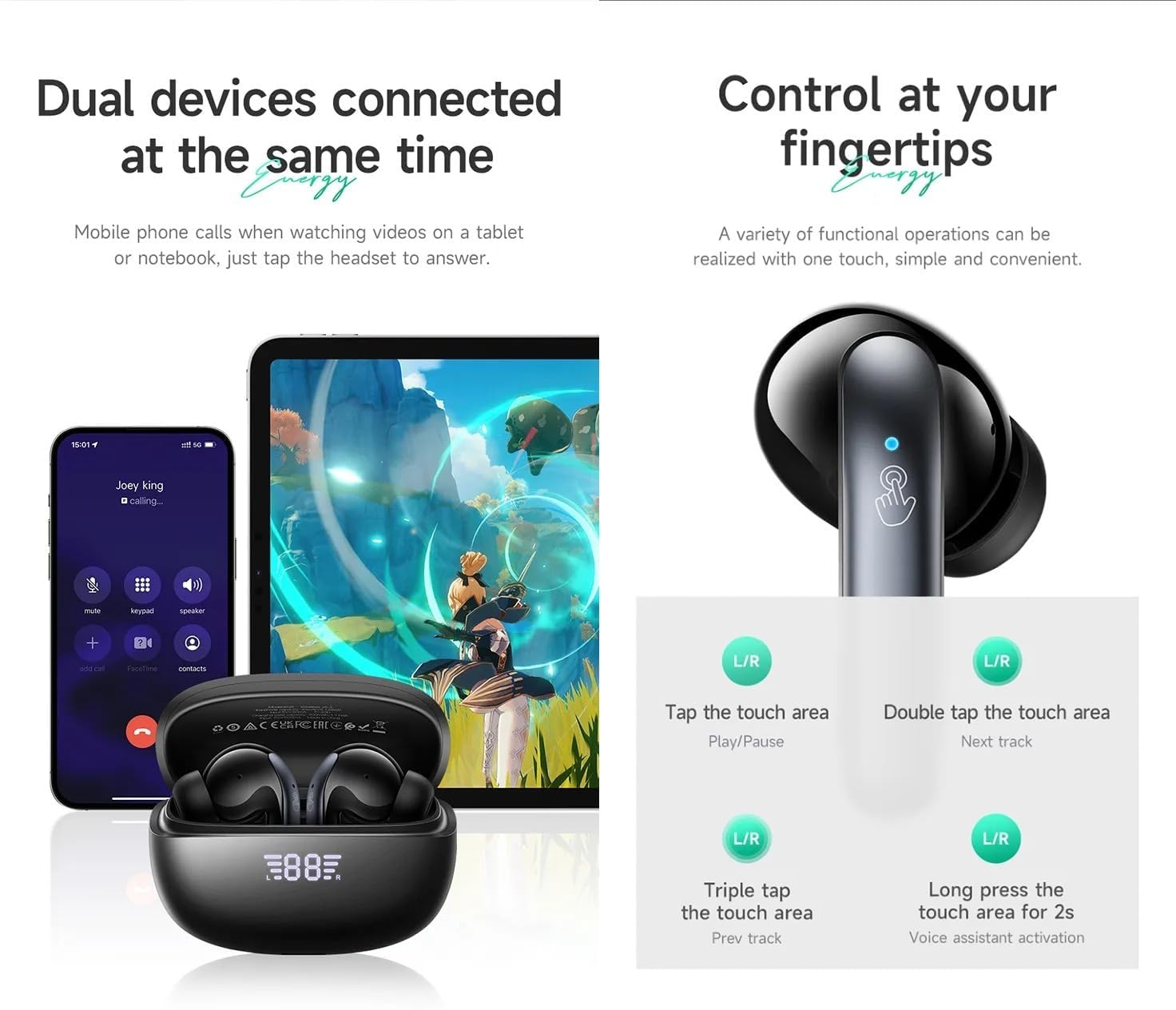 Diagram showing dual device connection and touch controls