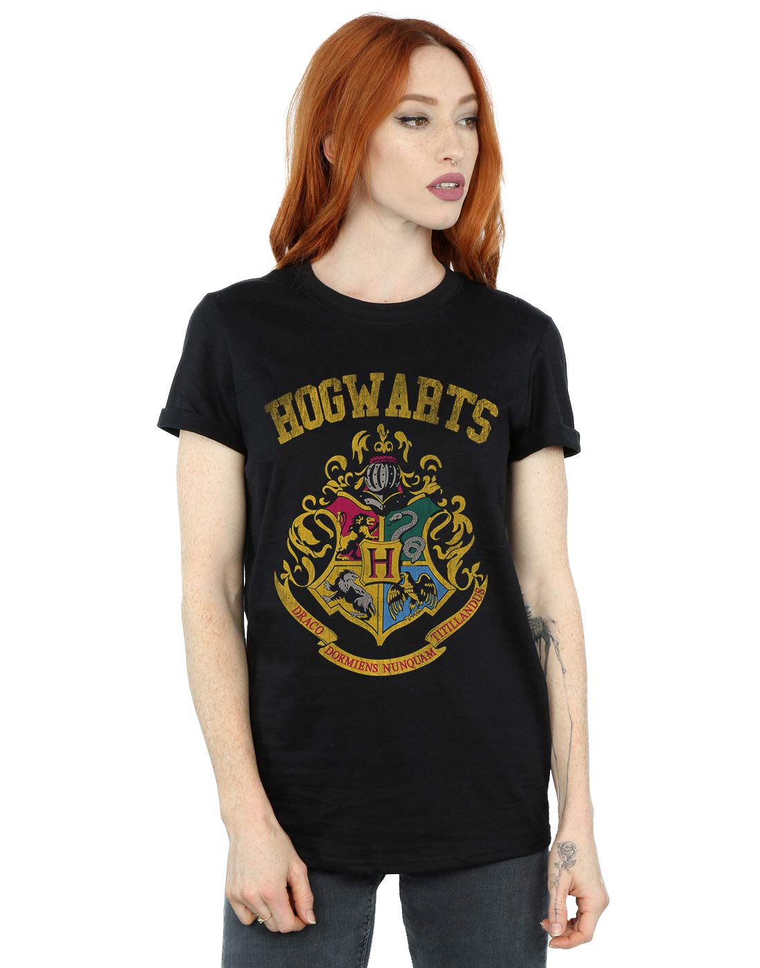 Harry Potter Women's Black Hogwarts Varsity Cotton Boyfriend T-Shirt In Extra Large