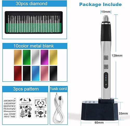 Miniatura 6 de Bolígrafo de grabado eléctrico inalámbrico, bolígrafo grabador, máquinas de herramientas de grabado con base de carga, 30 puntos, bolígrafo de