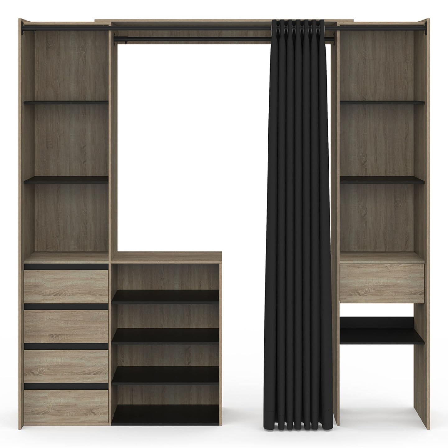 IDMarket - Dressing extensible double XXL MERYL 120/180 cm hêtre avec tiroirs + étagères + penderie + rideau noir