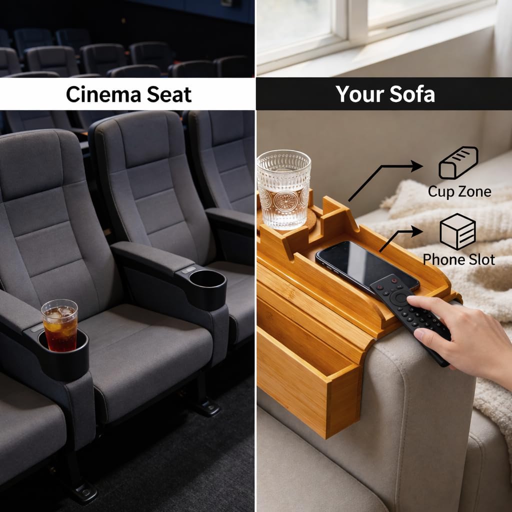 Bamboo Sofa Armrest Tray for Couches Without End Tables, Non-Slip Couch Armrest Table for Drinks, Phone & Remote, Fits Flat Armrests 6”+