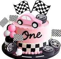 Vista 9 de JeVenis Decoración de pastel de coche de carreras, decoración de pastel de bandera a cuadros, decoración de pastel de crecer dos cumpleaños rápido