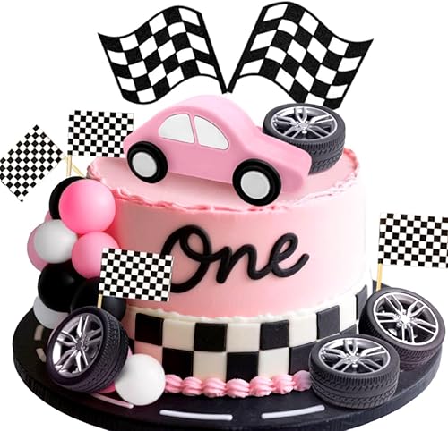 Miniatura 9 de JeVenis Decoración de pastel de coche de carreras, decoración de pastel de bandera a cuadros, decoración de pastel de crecer dos cumpleaños rápido