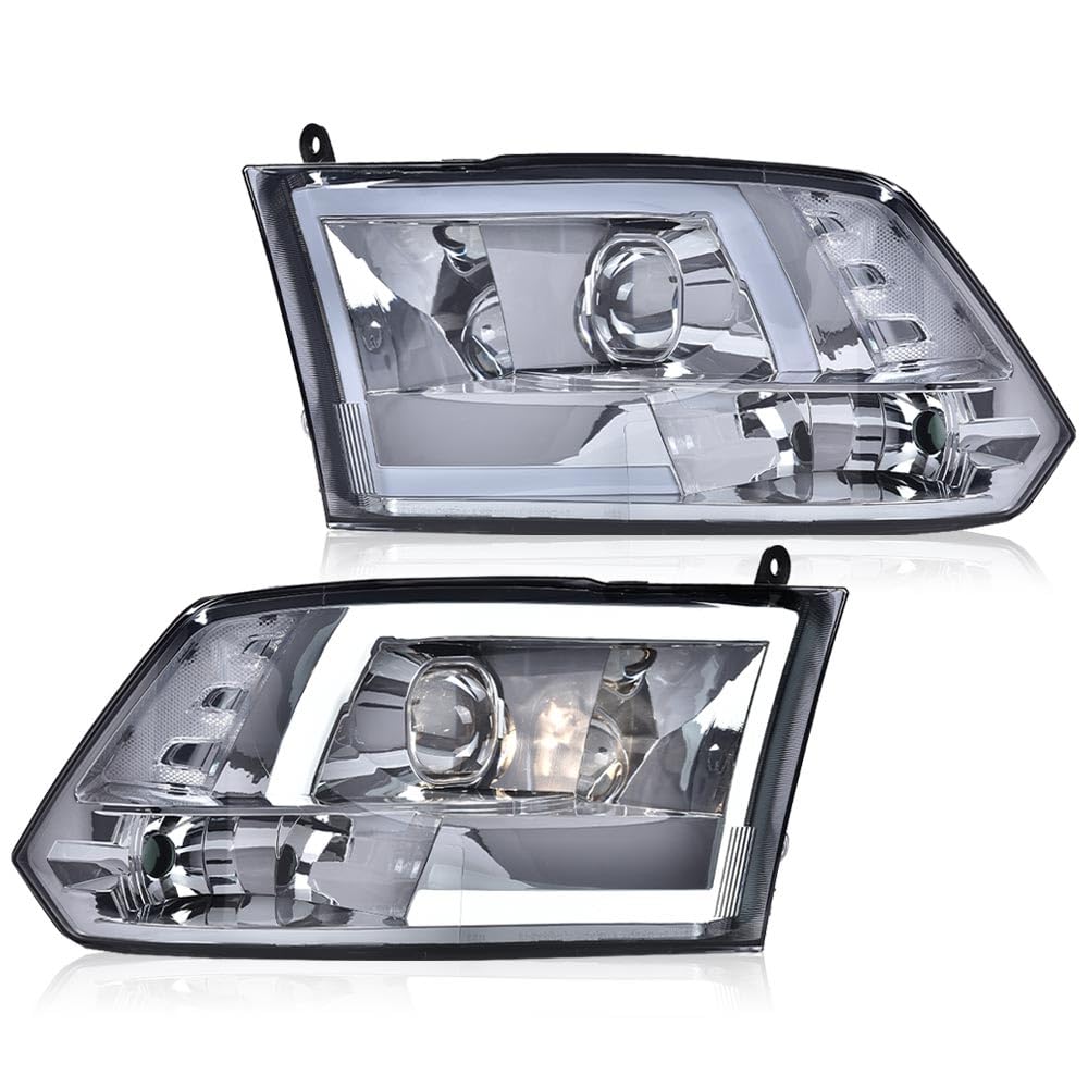 GRAND ORANGE LED DRL Headlights Assembly, Compatible with 2009-2012 Dodge Ram 1500 2500 3500 Black Housing Head Lamps（Smoky lens Chrome Housing Clear Reflector）