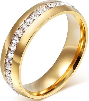 Fashion Month Mens Womens 6mm Titanium Stainless Steel 18k Gold Wedding Ring Channel Set Cubic Zirconia Engagement Band