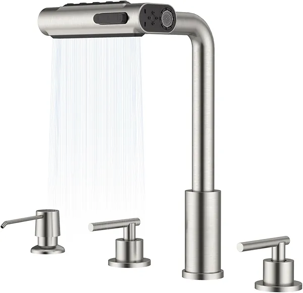 APPASO Waterfall 4 Hole Kitchen Faucet with Sprayer, 5 Modes Multifunctional Kitchen Sink Faucet with Soap Dispenser, Modern Brushed Nickel Two Handle Kitchen Faucet, Pull Down Kitchen Sink Faucets