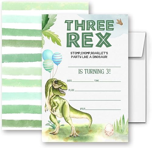 Fiesta de cumpleaños de Three Rex, invitaciones de fiesta de tercer cumpleaños de dinosaurio jurásico verde, invitación a fiesta de cumpleaños de