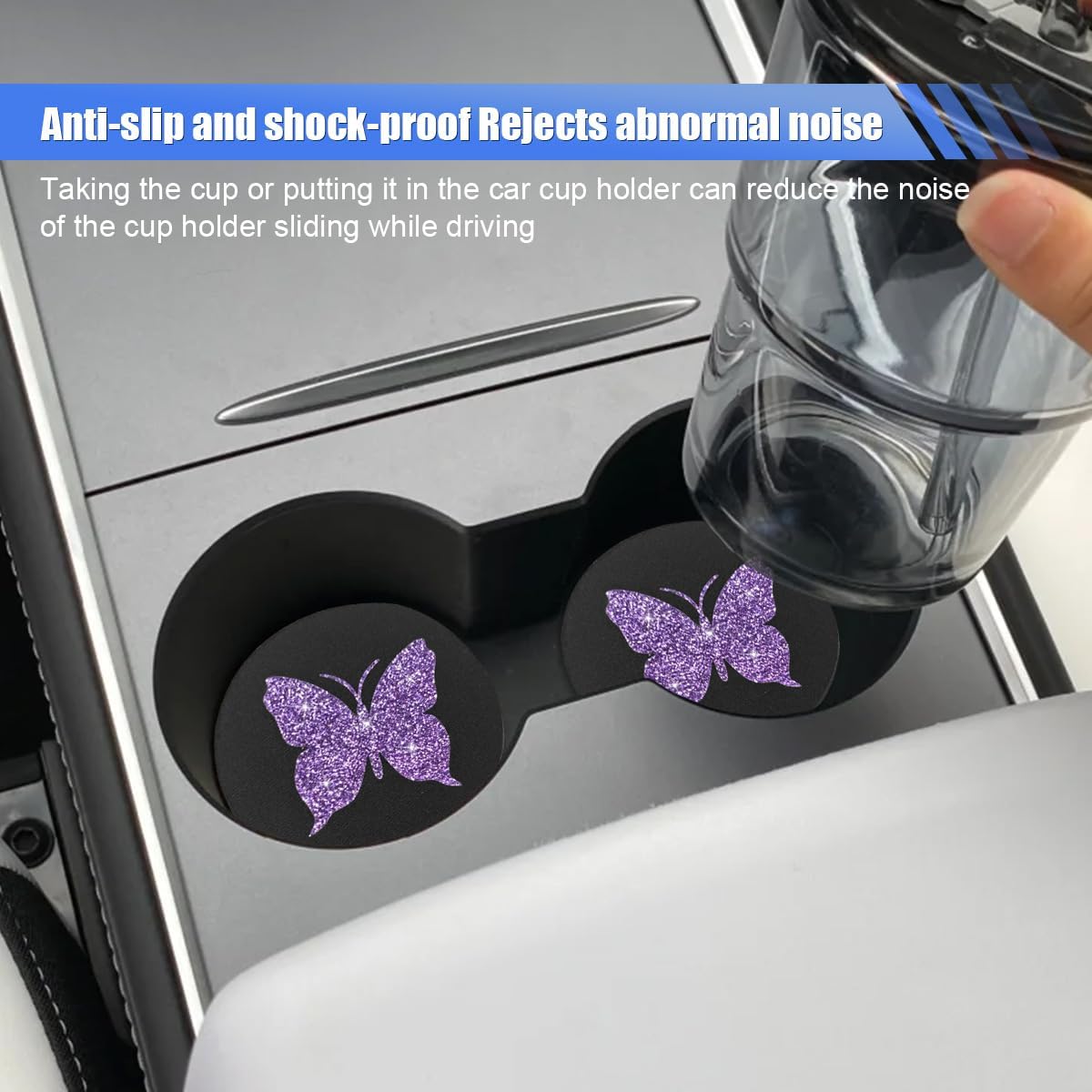 2PCS Bling Butterfly Car Cup Holder Coaster (Purple) | 2.75'' Universal Auto Non-Slip Embedded in Ornaments Cup Coaster, Rhinestone Auto Interior Drink Water Bottle Mat Accessories