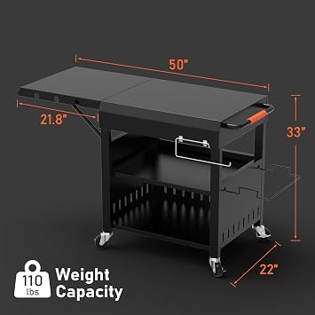 Outdoor Grill Table Cart for Blackstone 28/36 Omnivore Griddle, 50 x 22 Large Outdoor Kitchen Island with Foldable Side Table for Blackstone 17/22 Griddle, Home BBQ, Tailgates, Cookouts