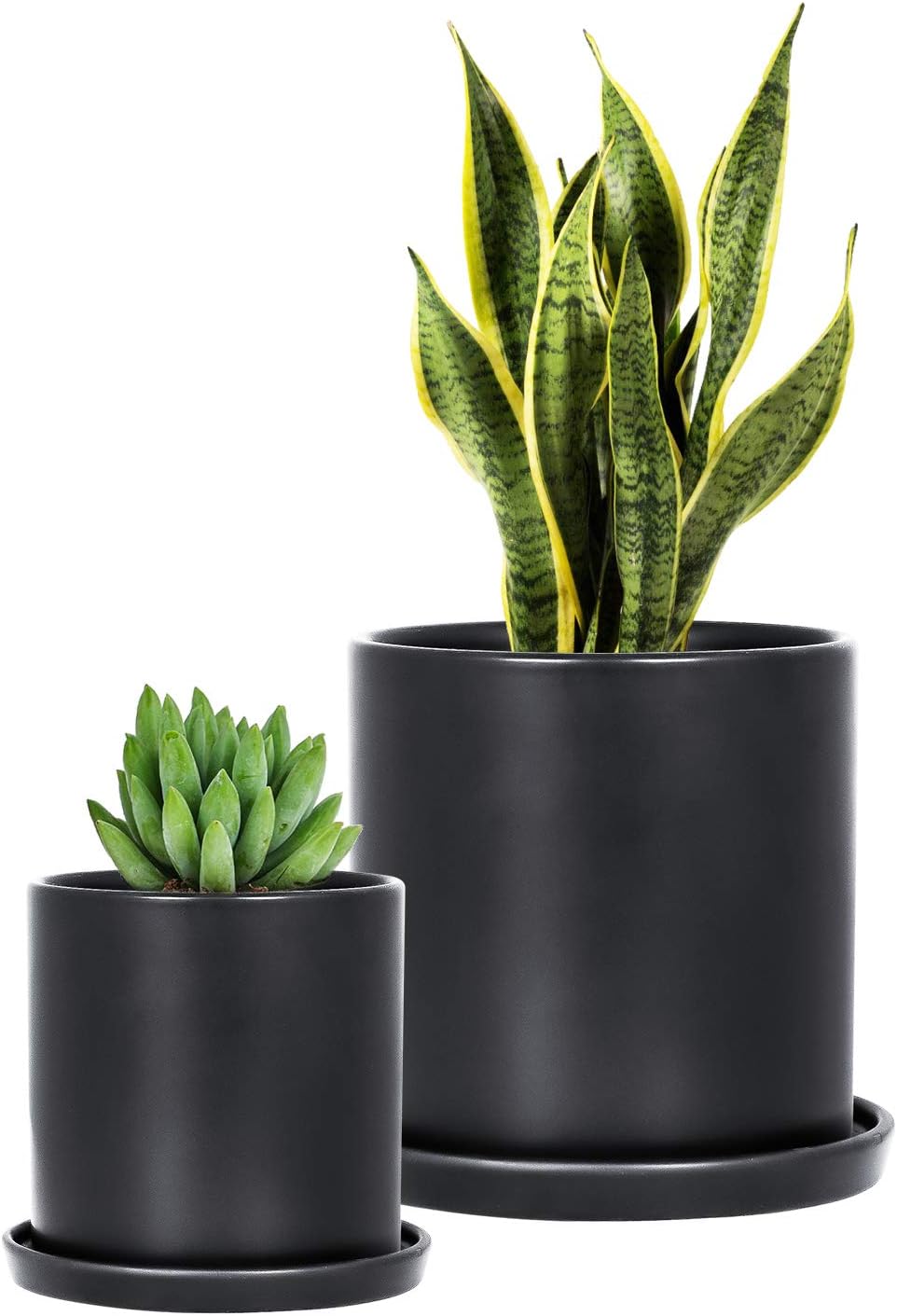 TIMEYARD Plant Pots Indoor, Modern Planters with Drainage Hole and Tray, Matte Black Ceramic Cylinder Planters, 4in 6in for Flowers, Succulents, Mid Century Home Garden Decor, Set of 2