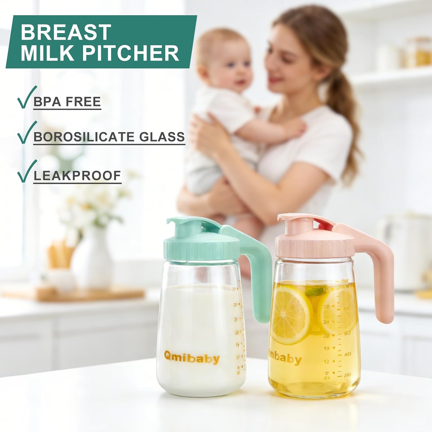 Breast Milk Storage Pitcher 34oz, Borosilicate Glass Breast Milk Container with Leakproof Lid & Handle, BPA Free Fridge Freezer Safe Breastfeeding Essentials for New Mom (Green)
