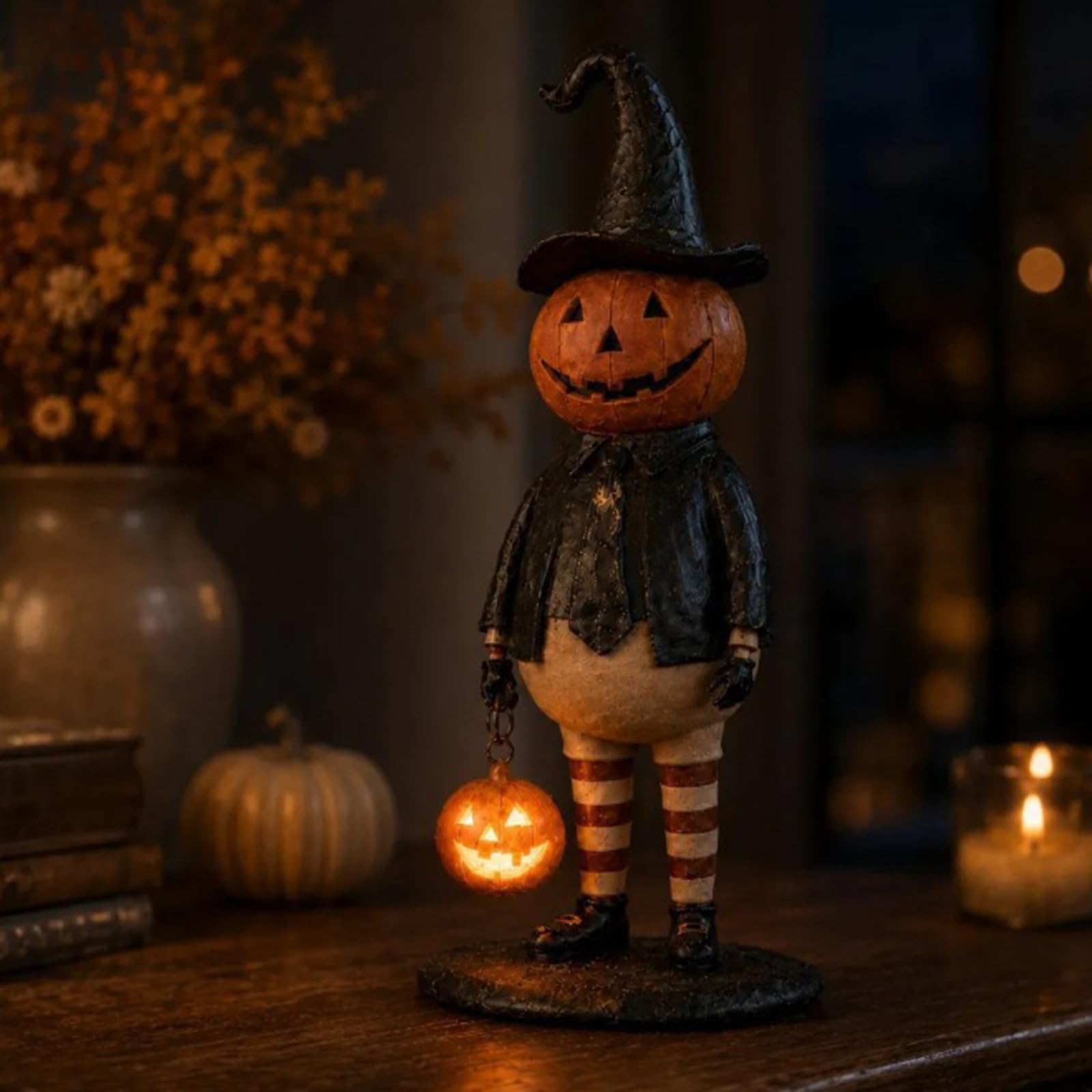 Pumpkin Witch Lantern Figurine, Spooky Whimsy Halloween Figurine with Light