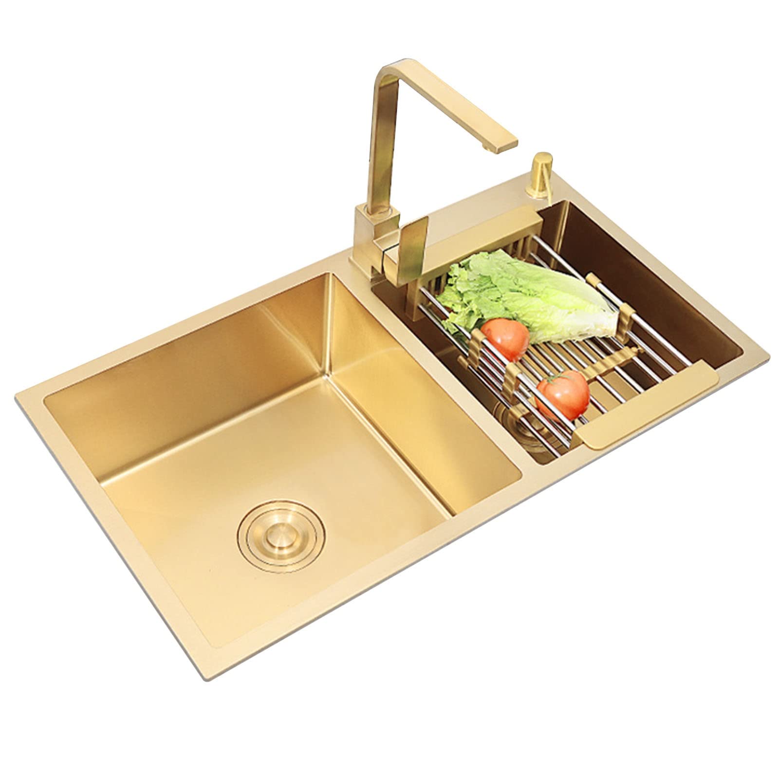 ZQFHSX Kitchen Double Sink Workstation Bar Prep Undercounter Mounted Handmade 3MM Thickness Stainless Steel (Color : Gold, Size 75 * 40 22cm)