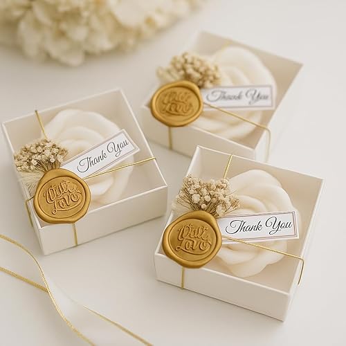 Miniatura 2 de White Rose Petal Soy Wax Candles in Bulk - Scented Wedding Favor, Bridal Shower Baby Shower Birthday Gift - Dried Flower, Wax Stamp (90 Pieces)