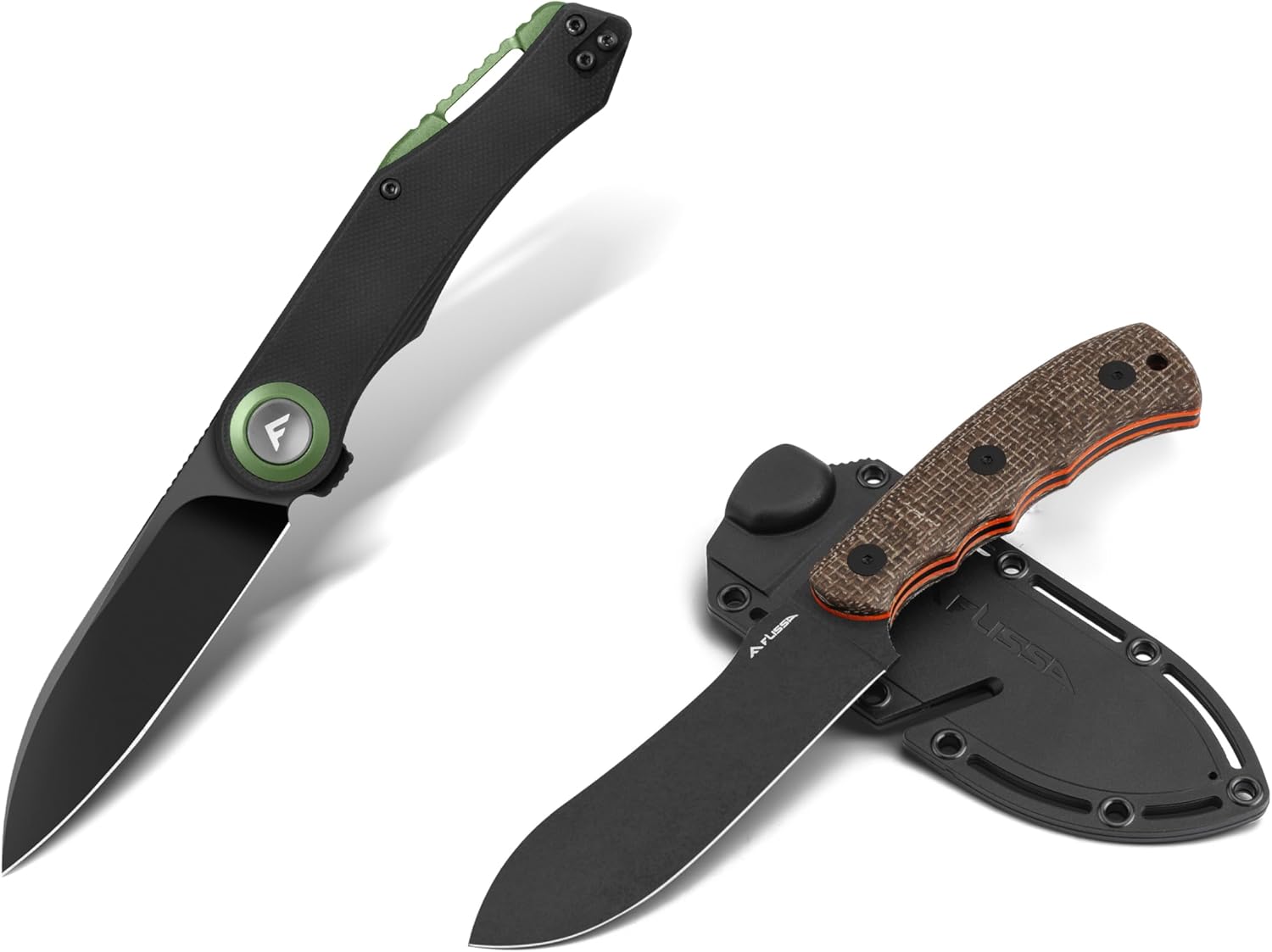 FLISSA Button Lock Folding Knife with 3.1" D2 Steel Blade, G10 Handle & Fixed Blade Knife with Sheath, 14C28N Steel Blade, G10 and Linen Handle, Rope Cutter for EDC Outdoor Hiking, Survival, Camping
