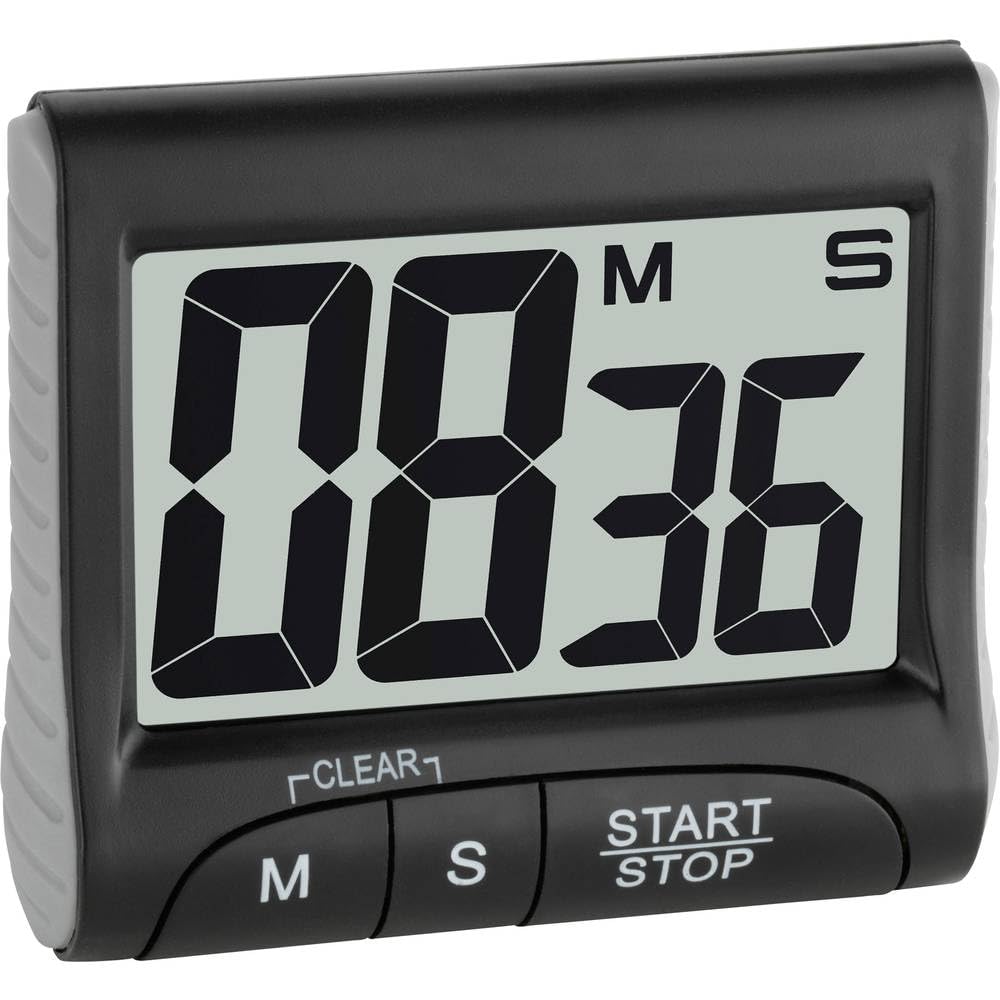 TFA Dostmann Digital Timer Stopwatch 38.2021.01 Multifunction Countdown Clock to 99min/59s Electronic Egg Timer Display Memory Large Digits with Magnet/Stand Black