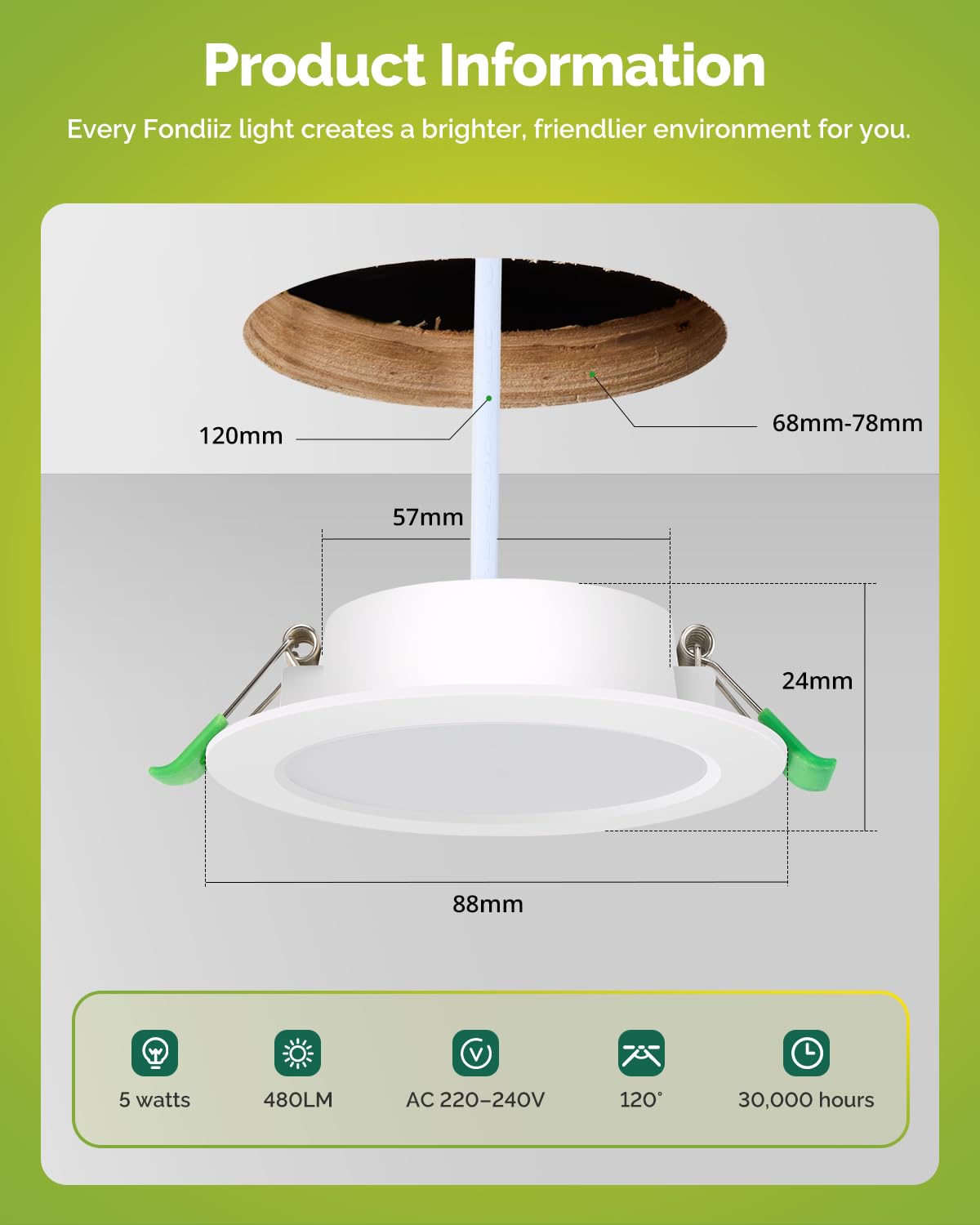 Fondiiz Reflektor LED do zabudowy 68 mm, 5 W, ciepła i neutralna biel LED, zimna biel 6000 K, regulowany, reflektor łazienkowy, IP44, do salonu, kuchni
