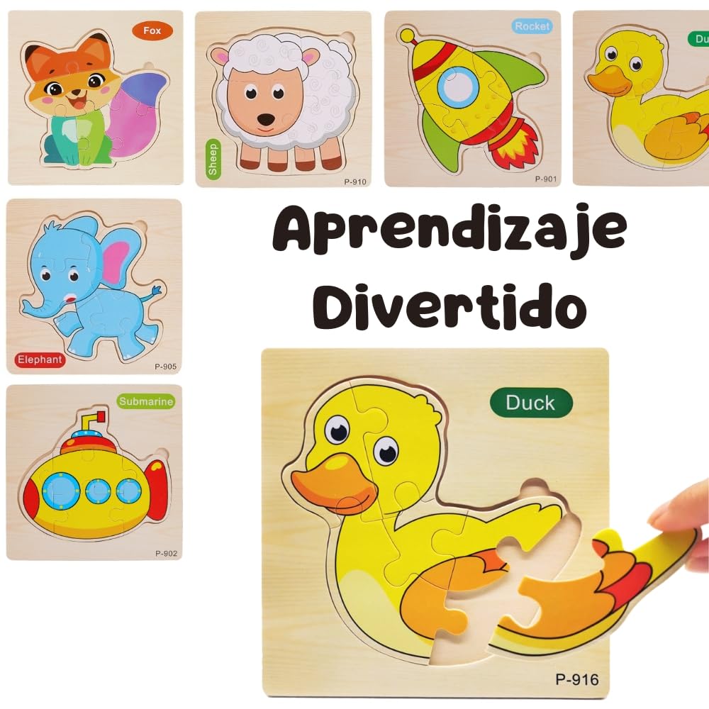 16 PCS Puzzle Madera Niños y Niñas 1, 2 años y 3, Detalles para Cumpleaños Infantiles y Guardería, Juguetes Montessori Educativos, Regalos Originales, Puzzles de Madera con Animales (16 Puzzles)