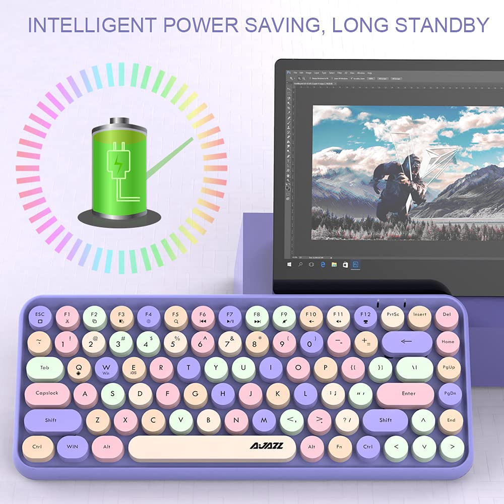 FELiCON 308i Bezprzewodowa klawiatura Retro, Cicha Urocza Klawiatura Komputerowa Bluetooth z Compact 84 Klawiszami, lekka, Matowa Tekstura, Konstrukcja Maszyny do Pisania na PC/Laptop/Mac-Mixed Purple