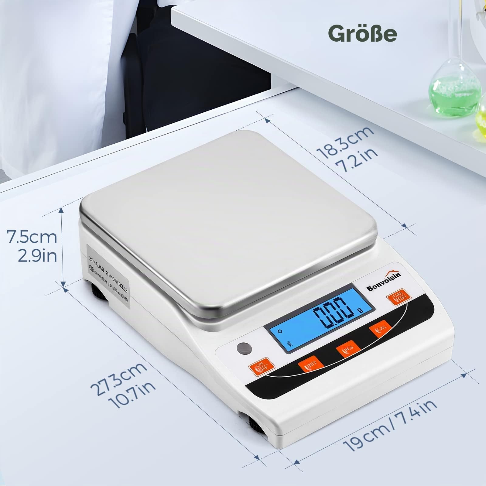 Bonvoisin Analysenwaage 5000g x 0,01g, Hochpräzise Laborwaage mit 13 Einheiten, USB-Datentransfer, Zähl-& Kalibrierfunktion, Vergrößerte Edelstahl-Platte, für Labor, Juweliere, Industrie