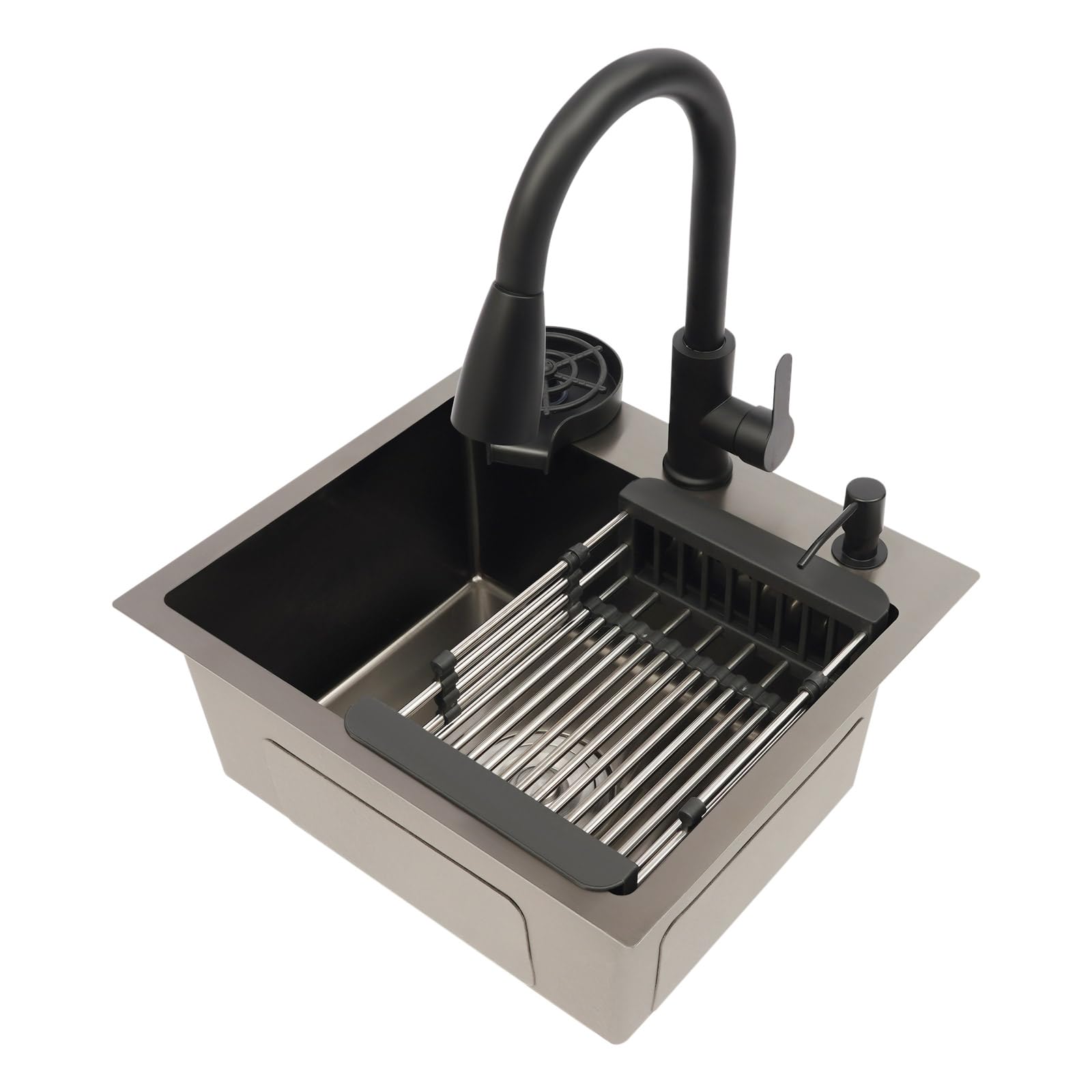 Fregadero de cocina de 45 x 40 cm, color negro, 1 cuenco, con grifo extensible y lavavajillas de tazas, fregadero cuadrado empotrable de acero inoxidable con escurridor y dispensador de jabón