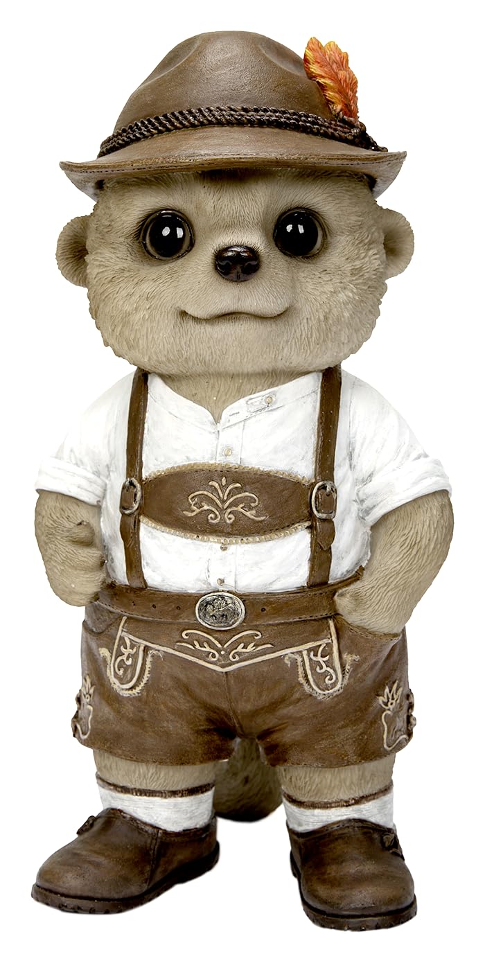 Vivid Arts Baby Meerkat in Lederhosen Ornament – Alpine Style Garden Decoration | Indoor & Outdoor Décor