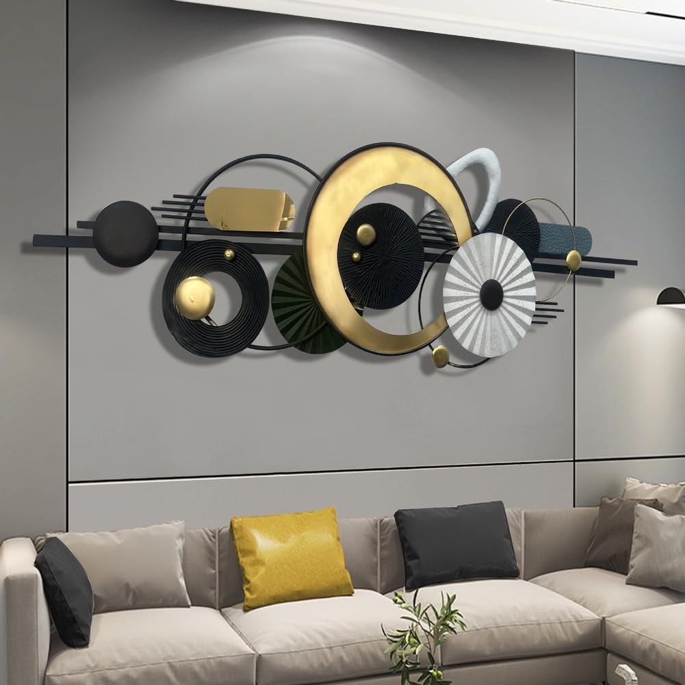 Nowoczesna abstrakcyjna metalowa sztuka ścienna, geometryczne koła dekoracja do domu, duża 150 x 53 cm współczesna dekoracja ścienna do salonu, jadalni, sypialni