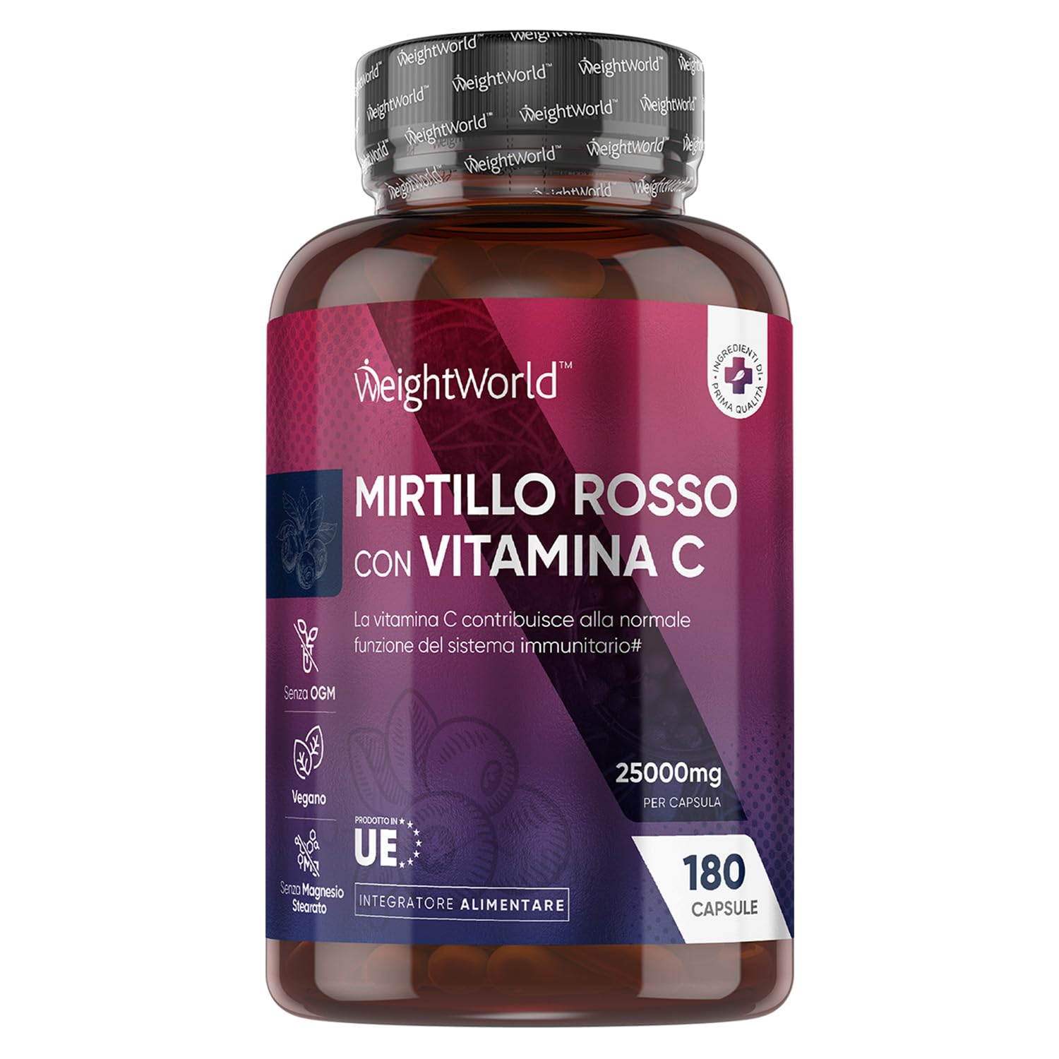 Mirtillo Rosso Vegano,180 Cranberry Capsule con Vit C, 6 Mesi, da 25000mg per Capsula, Cranberry Integratore Alimentare Estratto 50:1 con Vitamina C (come Acido L-Ascorbico), Senza Magnesio Stearato