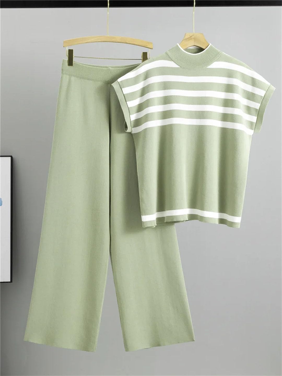 Donne Estate Seta Ghiaccio A Righe In Maglia Due Pezzi Slim Manica Corta Top Pullover Tee Conjunto Vita Alta Gamba Larga Pantaloni Abiti