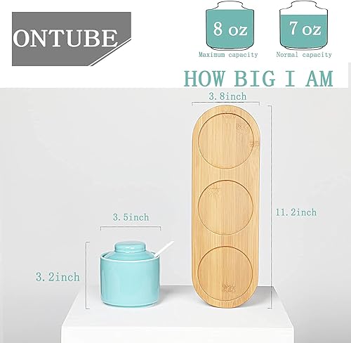 Miniatura 7 de ONTUBE Juego de 3 tarros de cerámica para condimentos con bandeja, olla de condimentos con cuchara y tapa, caja de condimentos, azucarero, 8 onzas