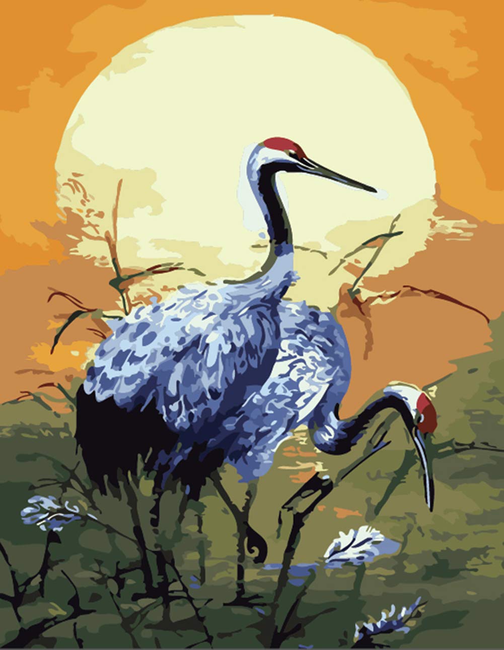 ABEUTY DIY Fabric Decorating Kits, Paint by Numbers Red-crowned crane Sunset Animal 16x20 inches Number Painting Wall Art (Crane, No Frame)